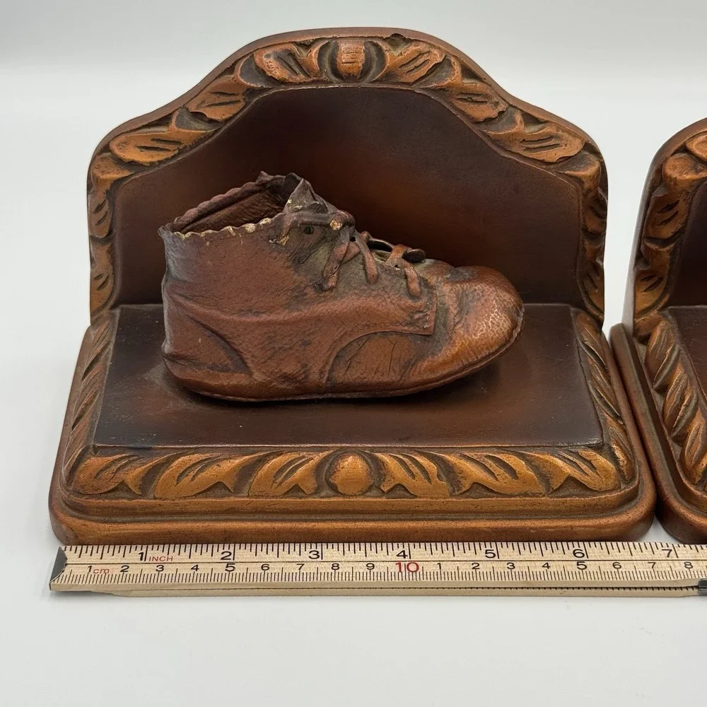 Vintage Copper Colored Bronzed Pair Baby Shoes Bookends Display set of 2